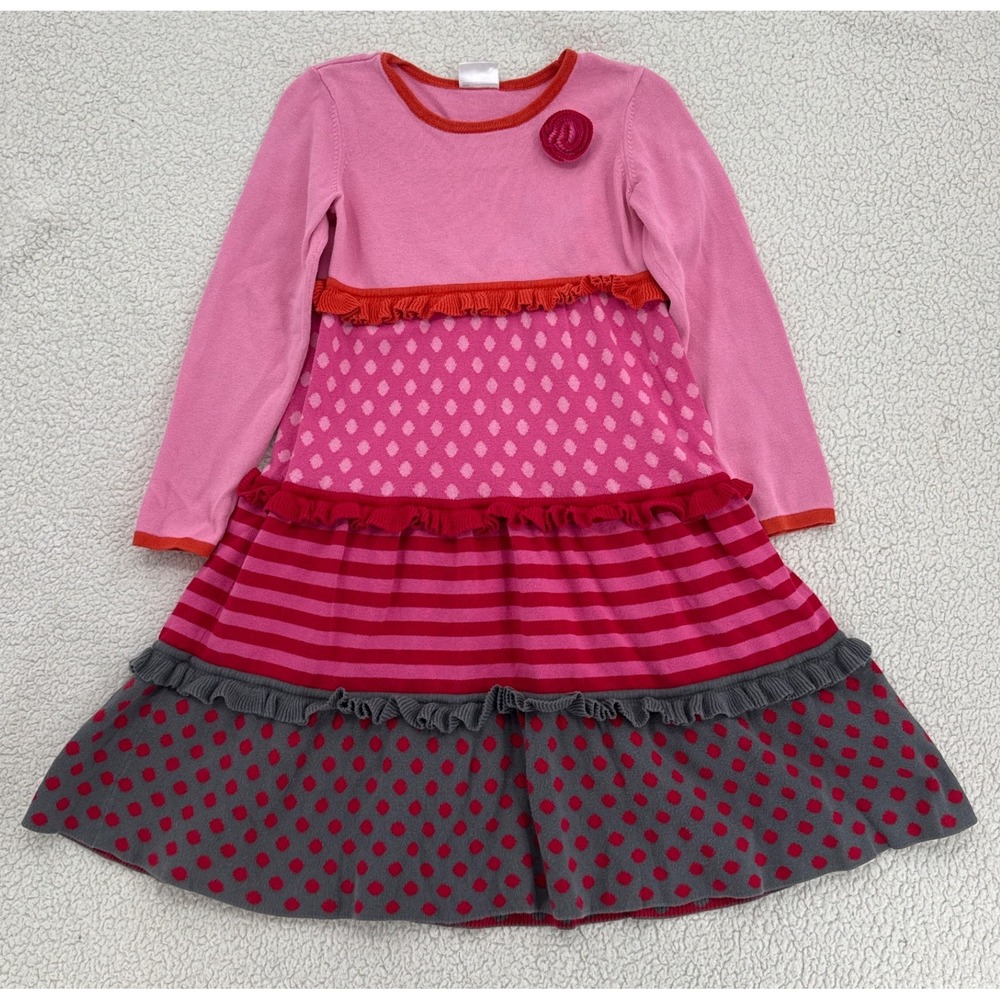 Hanna Andersson Dress Girl Size 140 Pink Rose Flower Applique Striped Dot Ruffle